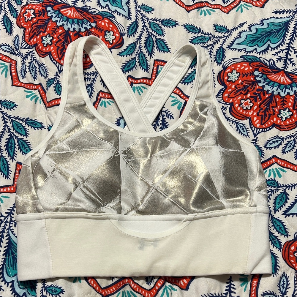 White and Silver Women's Sports Bra - Metallic Panel Under Armour